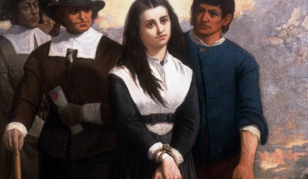Картината „Мъченикът от Сейлъм“ на Томас Сатъруайт Ноубъл, 1869 г. Част от публикацията „Между молитвата и микрочиповете“, разглеждаща борбата между религия и технологии.